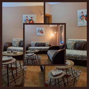een collage van een woonkamer met een bank en een tafel bij Apartman Lens in Novi Sad