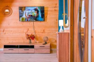 - un salon avec une télévision sur un mur en bois dans l'établissement Nini House Dudki, à Giże