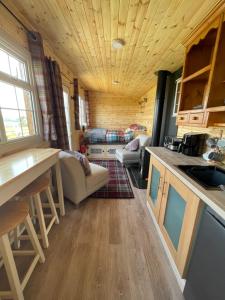 eine Küche und ein Wohnzimmer eines winzigen Hauses in der Unterkunft Keepers Shepherd hut with Hot Tub in Whitby