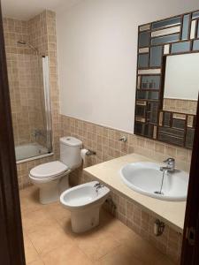 La salle de bains est pourvue d'un lavabo, de toilettes et d'un miroir. dans l'établissement Las Brisas de Puerto Rico, à Mogán