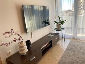 a living room with a television and a vase on a table at East Coast Senses in Thessaloniki