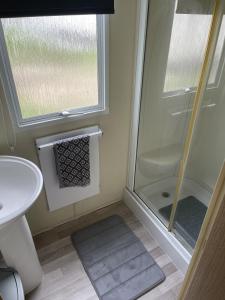 a bathroom with a shower and a sink at Amore Caravans in Porthcawl