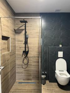 Un baño con inodoro y cabina de ducha de cristal. en Apartment Lux Lucis, en Livno 33 fotos más