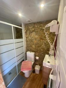 a bathroom with a shower and a toilet and a sink at Casa do Avô Grande in Esposende