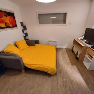 a bedroom with a yellow bed and a desk at Studio avec terrasse et jardin à 100 m de la plage in Ploemeur