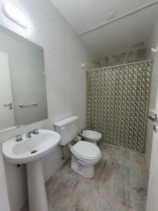 ein Badezimmer mit einem Waschbecken, einem WC und einem Spiegel in der Unterkunft Departamento en Arroyito- Córdoba in Arroyito