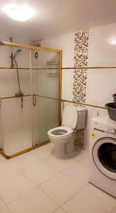 uma casa de banho com um WC, um chuveiro e uma máquina de lavar roupa em Bursa Park em Çekirge