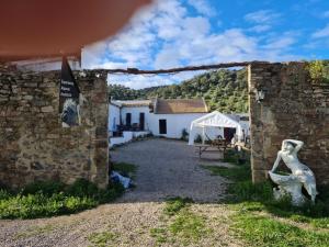 un patio de una casa con una pared de piedra en Experience Alpacas in Andalucia, en Córdoba