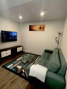 a living room with a green couch and a tv at Brand new 1 Bedroom Basement Suite. Wi-Fi,Netflix in Edmonton
