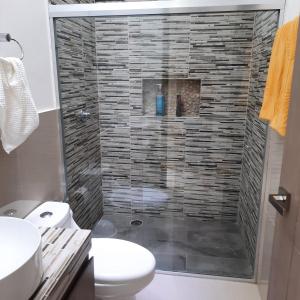 a bathroom with a shower with a toilet and a sink at CASA DE MARIA in Cancún