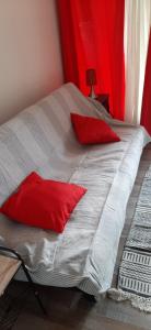 a bed with two red pillows on it at les îles d'or au port de Hyères grand studio climatisé in Hyères