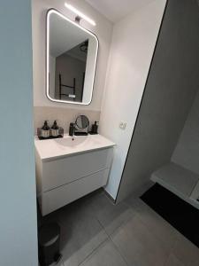 La salle de bains blanche est pourvue d'un lavabo et d'un miroir. dans l'établissement La suite, à Castelnau-le-Lez