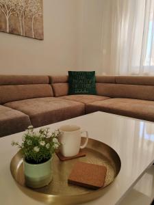 una mesa de centro con un plato y una taza de café. en Guesthouse Resan, en Medulin