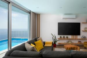 a living room with a couch and a tv at Peak A Boo Private Heated Pool and Private Parking in Câmara de Lobos