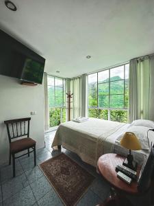 een slaapkamer met een bed en een groot raam bij Albergue Turístico Gstir in Pozuzo