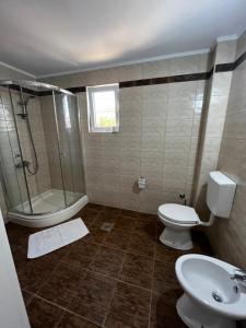 een badkamer met een toilet, een douche en een wastafel bij Villa Bojana in Utjeha