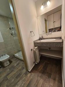 a bathroom with a sink and a toilet and a mirror at Bariloche: Exclusivo departamento in San Carlos de Bariloche