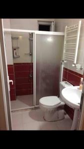 a bathroom with a shower and a toilet and a sink at Galata Apart Suite in Bostancı