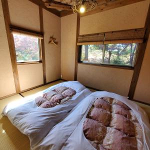 a large bed in a room with two windows at 満天の庭 Manten-no-niwa in Kurume