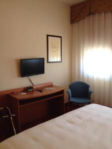 a hotel room with a bed and a desk with a television at Hotel Palace in Rovigo