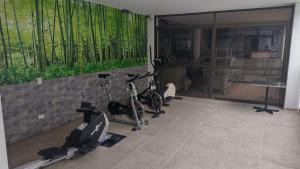 a gym with two bikes parked in a room at GH Gran Hotel - Downtown Medellin in Medellín