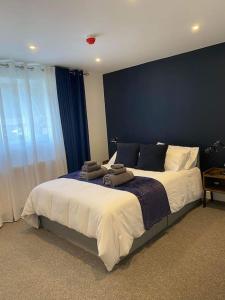 ein Schlafzimmer mit einem großen Bett mit blauer Wand in der Unterkunft 17A Stella house nr Bath in Radstock