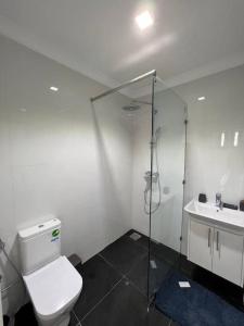 een badkamer met een douche, een toilet en een wastafel bij Luxury villa Near The Beach in Temara