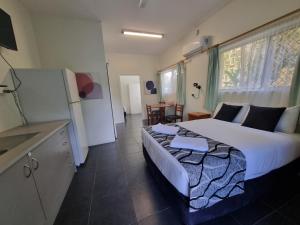 ein Schlafzimmer mit einem Bett und einem Kühlschrank sowie eine Küche in der Unterkunft Park Drive Motel in Kempsey