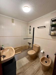 a bathroom with a sink and a toilet and a tub at Villa Yoli, céntrico con plaza de garaje in Avilés