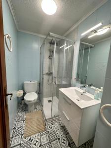 a bathroom with a shower and a toilet and a sink at Villa Yoli, céntrico con plaza de garaje in Avilés