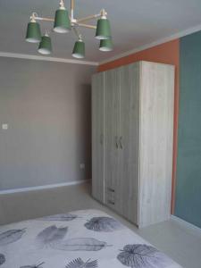 1 dormitorio con 1 cama y armario de madera en Comfy apartment in the heart of Ulaanbaatar en Ulán Bator