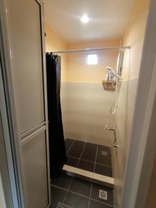 a bathroom with a shower with a black tile floor at Kundasang Trail Homestay in Kundasang