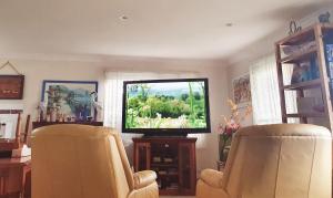 a living room with two chairs and a flat screen tv at Daylesford A Very Quiet ABELIA COTTAGE BOTANICAL COTTAGE 10 min walk town in Daylesford