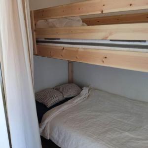 a small bedroom with a bunk bed in a room at Studio maubuisson lac/océan 4/6 personnes in Carcans