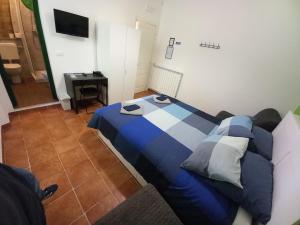 ein Schlafzimmer mit einem blauen Bett und einem TV in der Unterkunft Celtic House B&B in Varraze