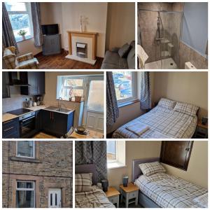 un collage de fotos de una habitación con cama y cocina en Lovely Cosy Two Bed Home,Peak District Gateway en Buxton