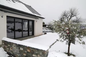 a house with a tree in the snow at Maison le Pré de Paul in Saint-Savin