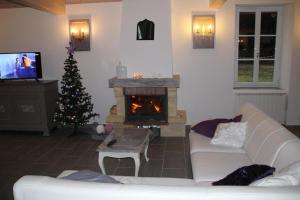 a living room with a fireplace and a christmas tree at Gite de la haute roche in Charroux