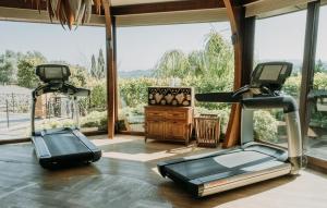 two exercise bikes in a gym with a large window at Doors Urla Hotel & Bungalows in İzmir