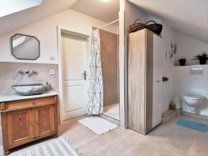 a bathroom with a shower and a sink at Ferienzimmer Scholz-Riewerts in Silberstedt