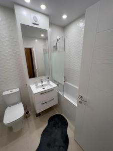 een badkamer met een toilet, een wastafel en een spiegel bij Miriam Studio in Boekarest