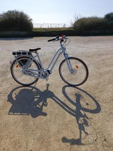a bike parked on the ground with its shadow at Le Puits Sainte Claire in Courçon