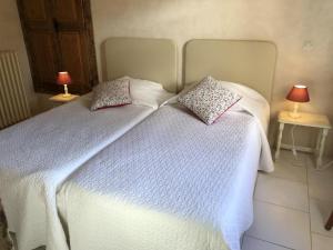 a bedroom with a white bed with two pillows at La maison forte in Mirebeau +12 photos