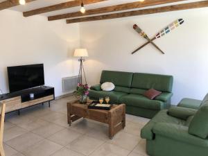 a living room with two green couches and a tv at La maison poitevine in Chauvigny