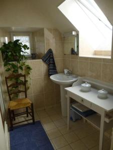 ein Badezimmer mit einem Waschbecken, einem WC und einem Spiegel in der Unterkunft Les mere 