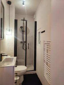 a bathroom with a toilet and a sink and a shower at Super appart Tram T2 Paris Déf Arena in Bezons