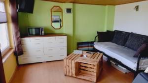 GotthunにあるRast im Grünenのソファと電子レンジ付きの小さな客室です。