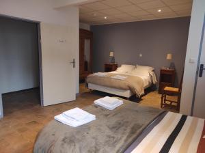 1 dormitorio con 2 camas y toallas. en Hôtel Restaurant des Voyageurs, en Nant