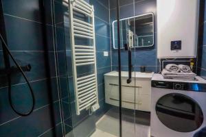 y baño de azulejos azules con lavadora. en Les Fins Nord, appartement 2 étoiles confortable a Annecy, en Annecy