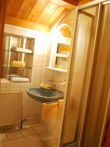 a bathroom with a sink and a mirror and towels at Haus Südblick in Zell am See